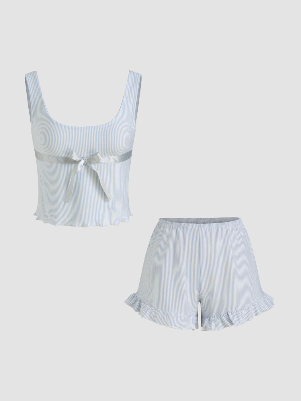 Cotton-blend U-neckline Stripe Bowknot Lettuce Trim Tank Top & Mid Rise Shorts Loungewear Set