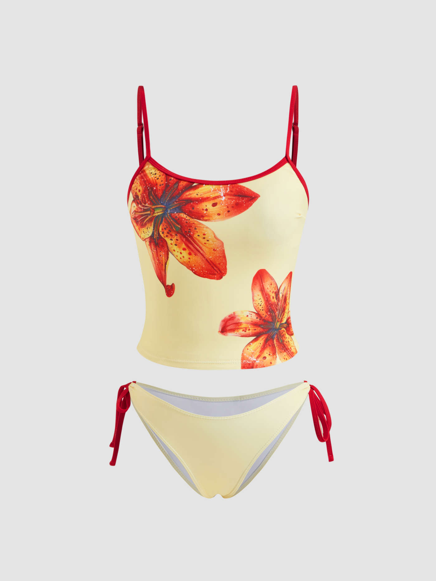 Knit Fabric U-neckline Floral Contrasting Binding Tankini Tie Side Bikini Set  For Vacation Swimming Pool