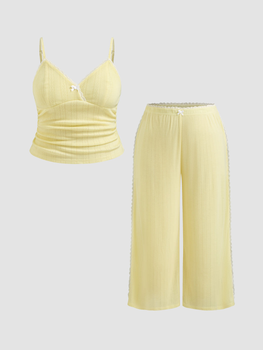 V-neck Pointelle Bowknot Cami Top & Mid Rise Lace Trim Wide Leg Trousers Loungewear Set Curve & Plus