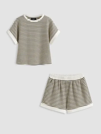Cotton-blend Stripe Contrasting Binding Tee & Elastic Waist Shorts Set