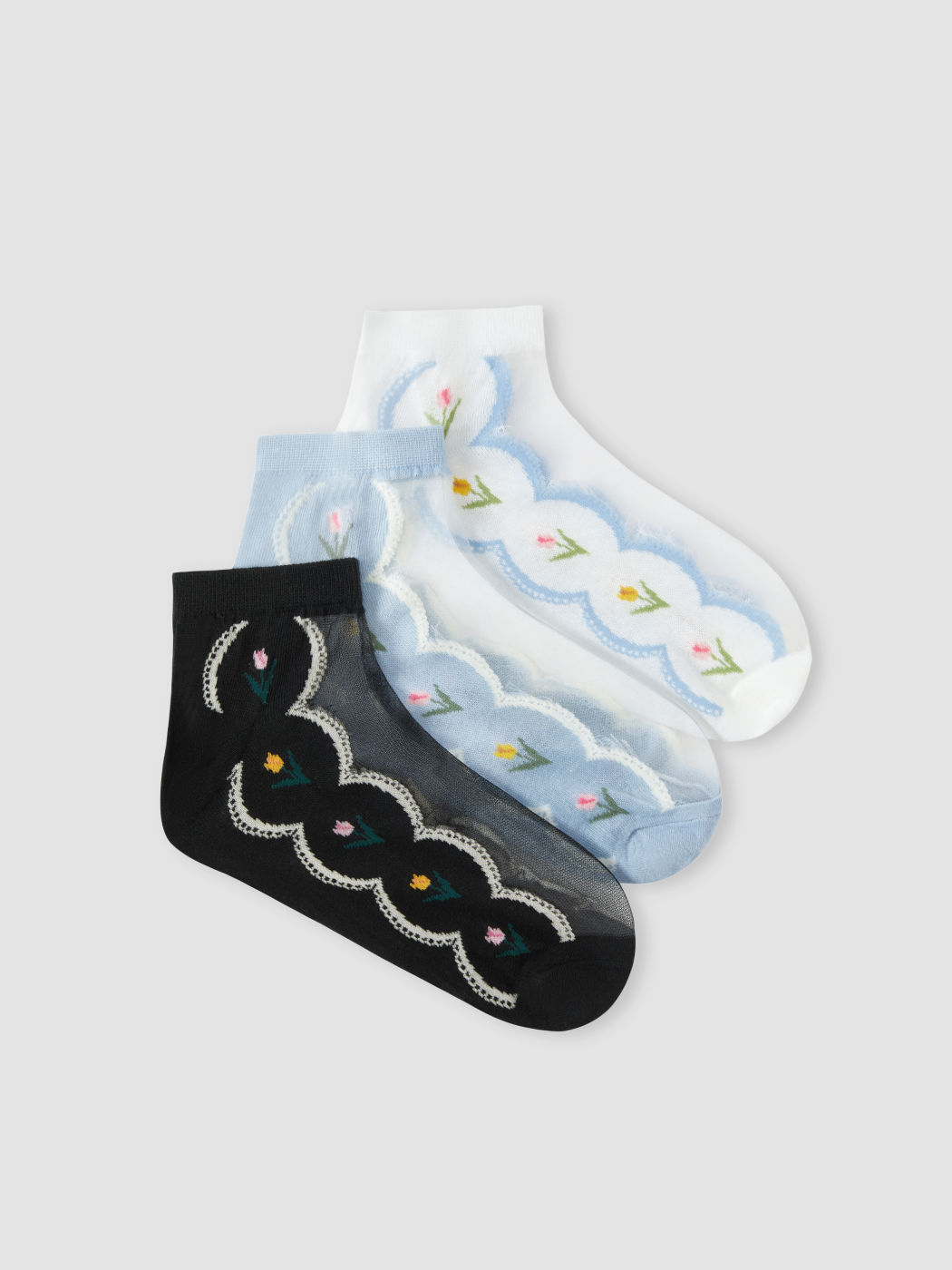3 PAIRS TULIP JACQUARD MESH ANKLE SOCKS SET