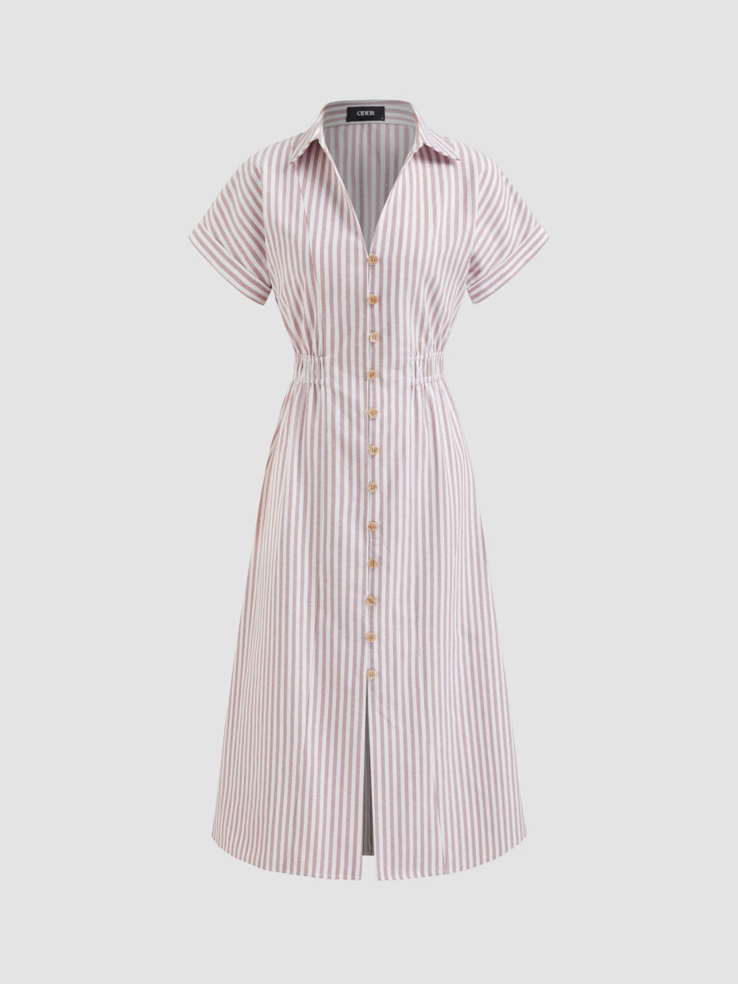 Cotton-blend V-neck Stripe Button Through Elastic Waist Shirt Midi Dress