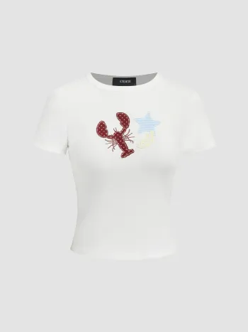 Cotton-blend Round Neckline Lobster & Star Applique Tee