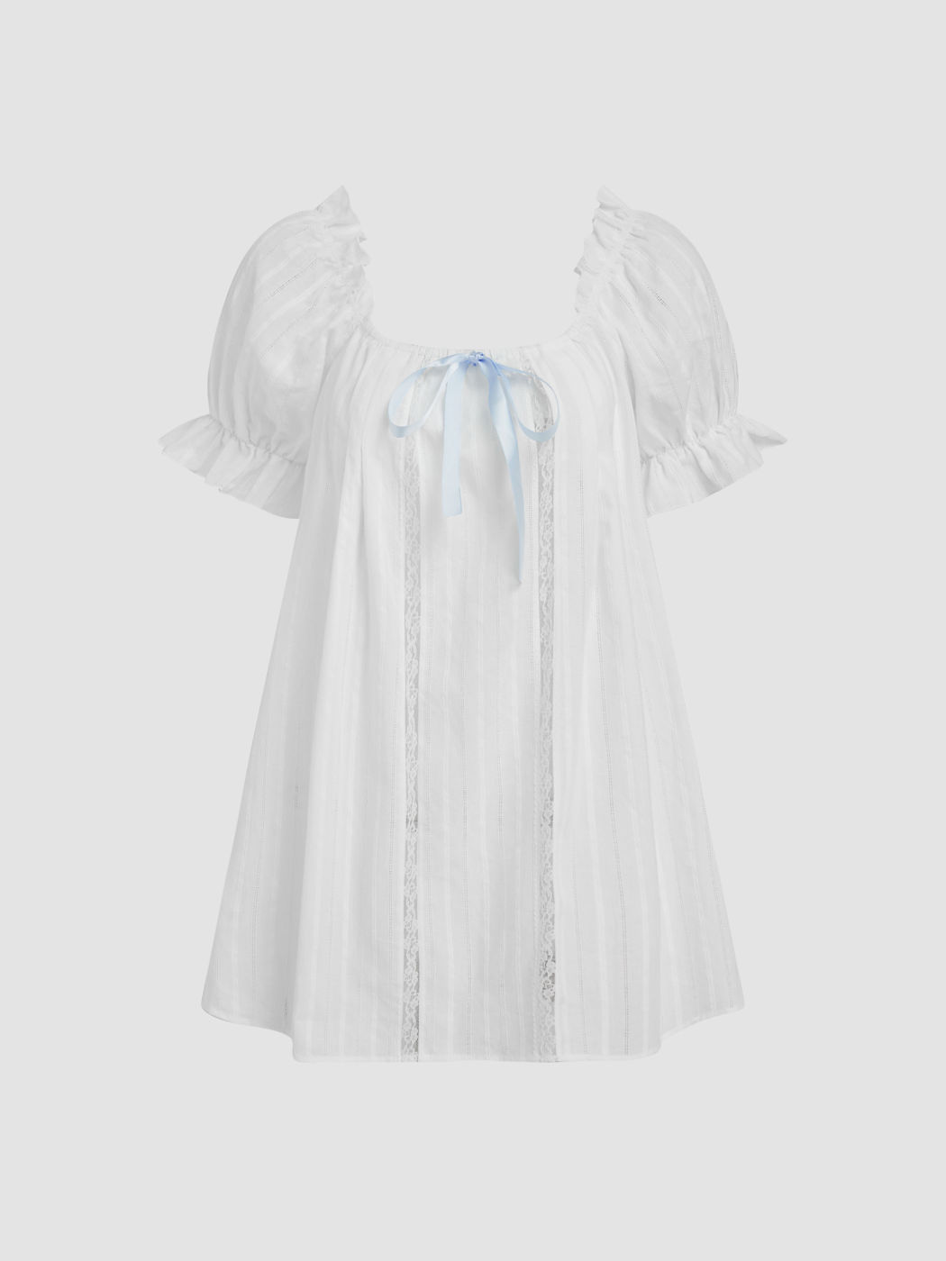 100% Cotton U-neckline Bowknot Lettuce Trim Puff Sleeve Mini Nightdress