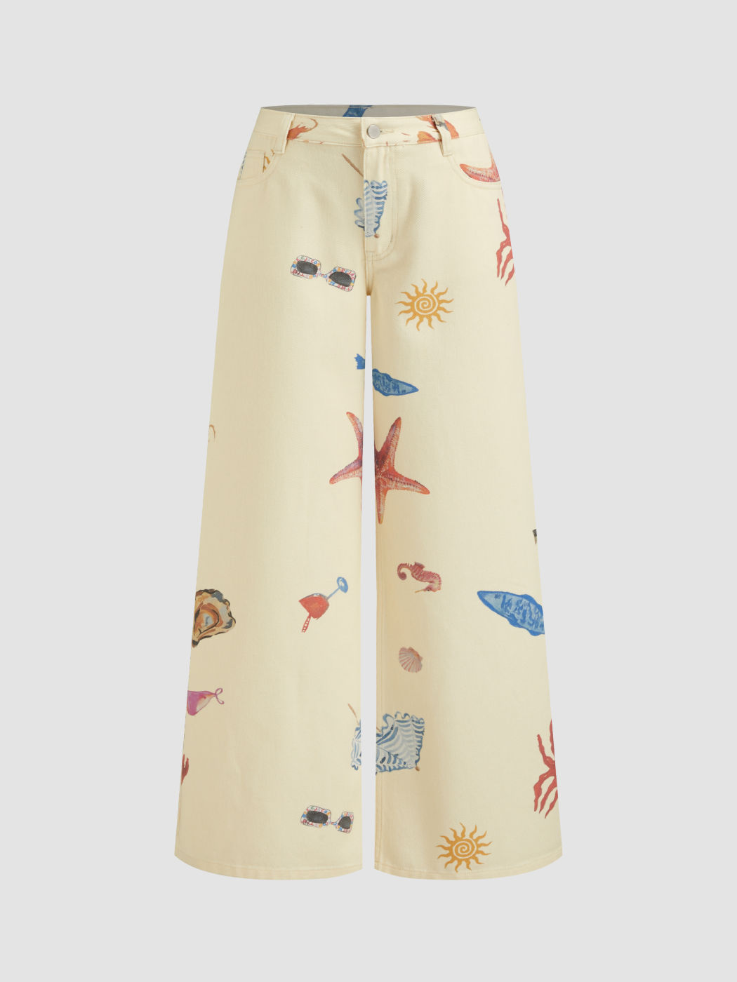 Cider Denim Low Rise Seafood Pattern Wide Leg Jens