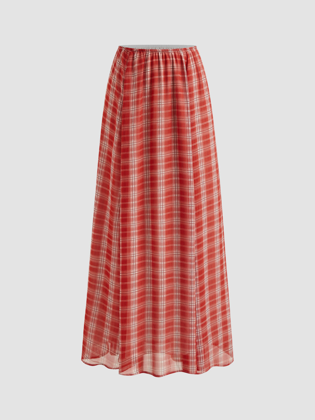 Chiffon Mid Rise Plaid Elastic Waist Maxi Skirt