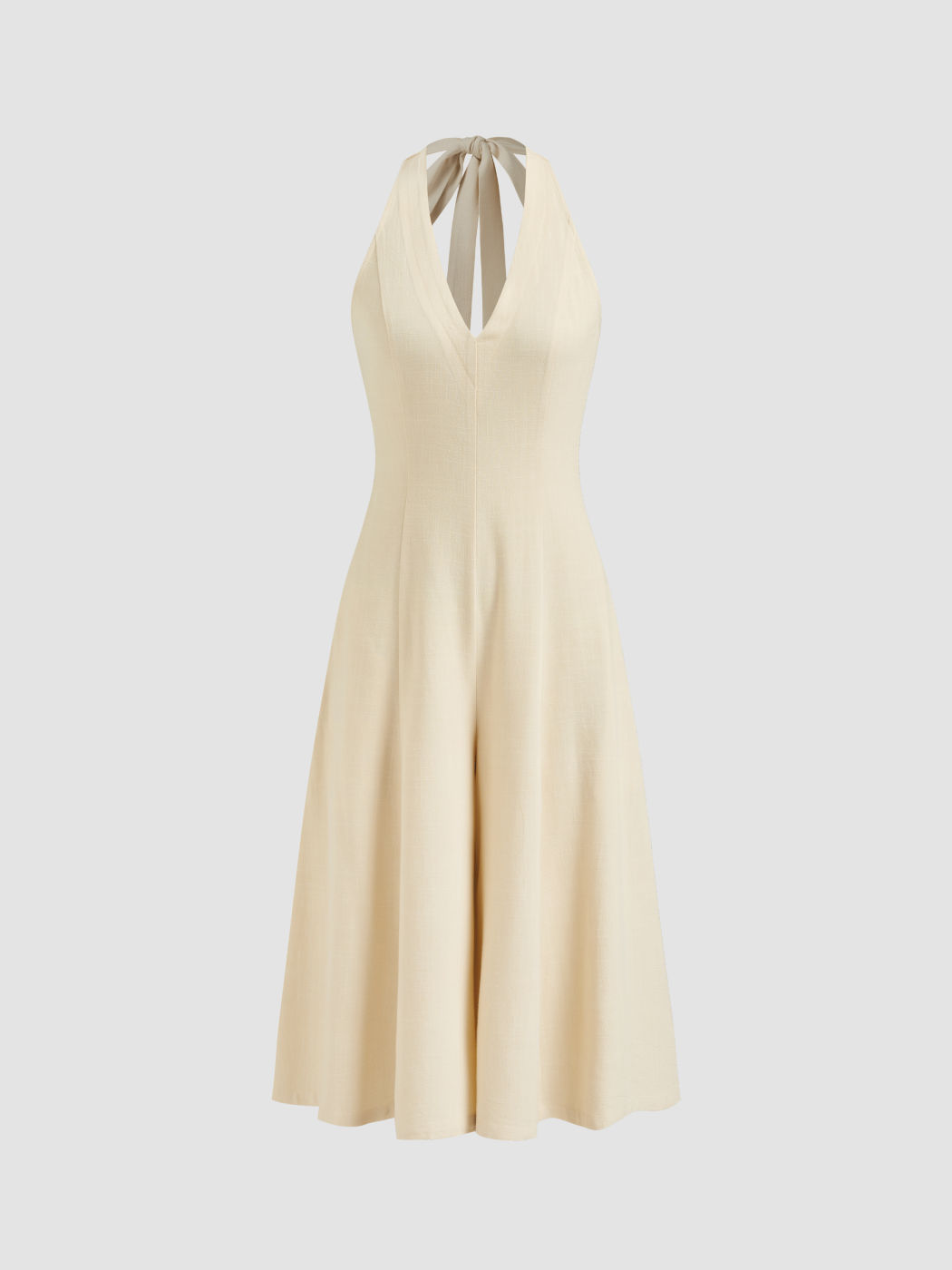 Tuta corta a gamba dritta senza schienale con scollo all'americana e scollo a V in misto lino