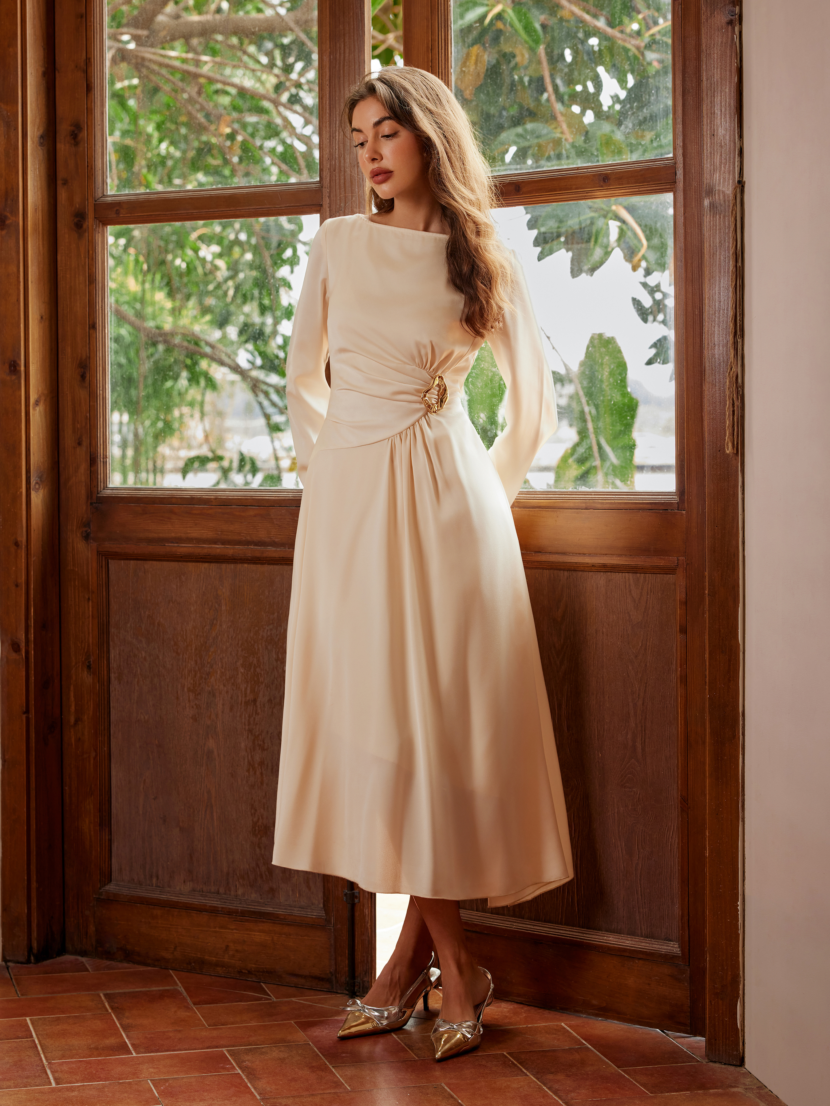 Satin Satin Boat Neck Metal Detail Ruched Knotted Ruffle Midi Dress For Daily Casual