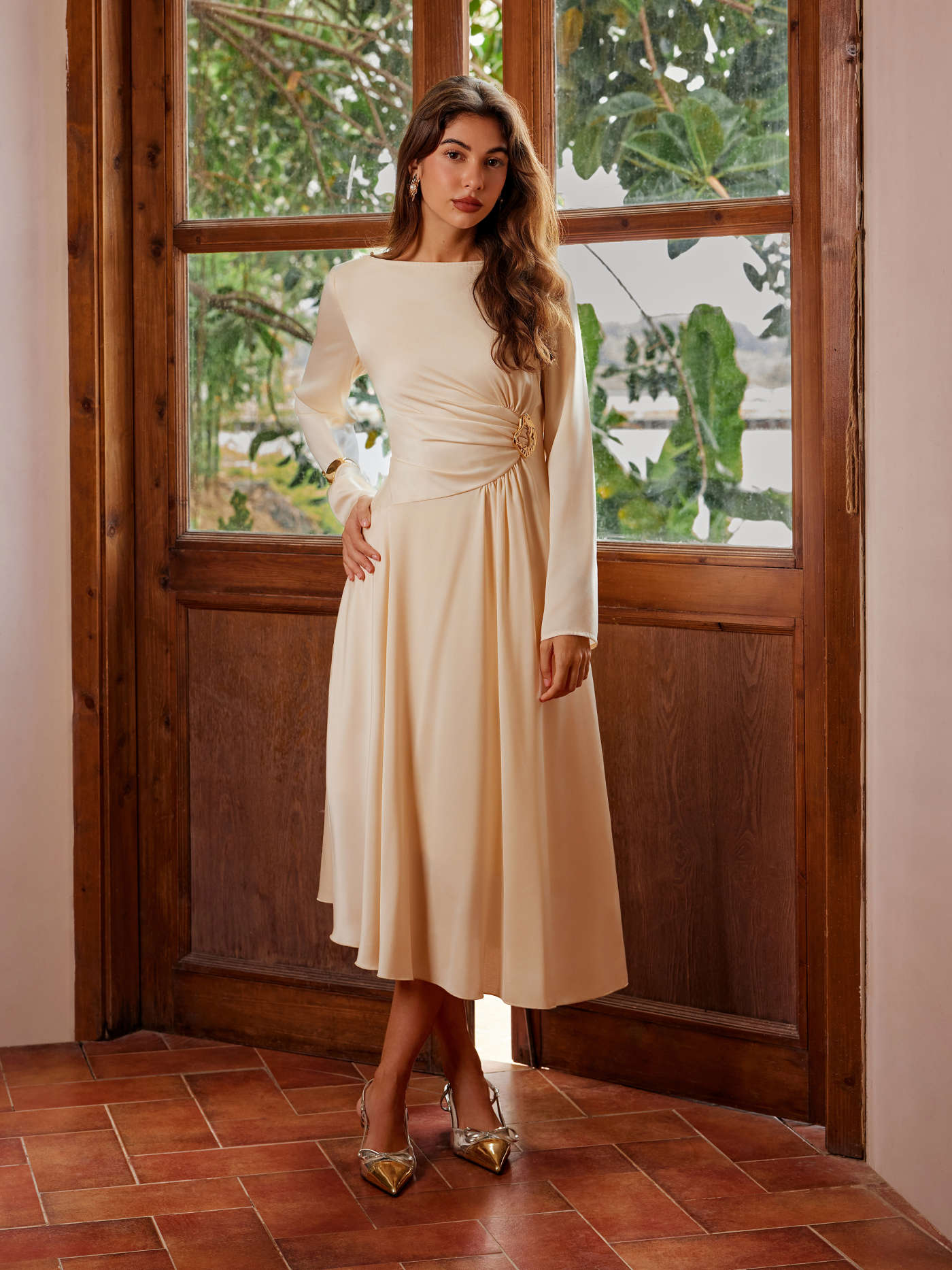 Satin Satin Boat Neck Metal Detail Ruched Knotted Ruffle Midi Dress For Daily Casual