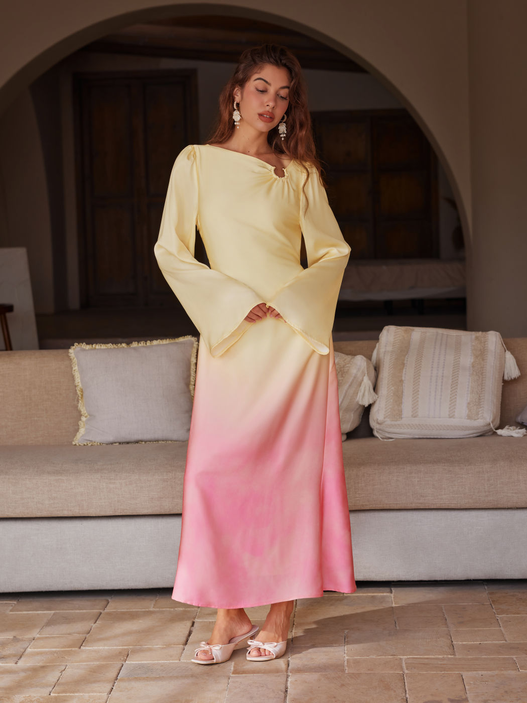 Satin Boat Neck Pierced Gradient Maxi Dress