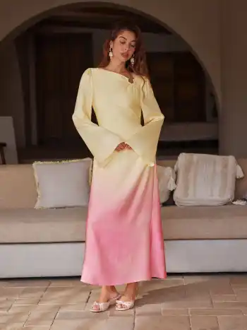 Satin Maxikleid mit Bootshals und Gradient-Effekt