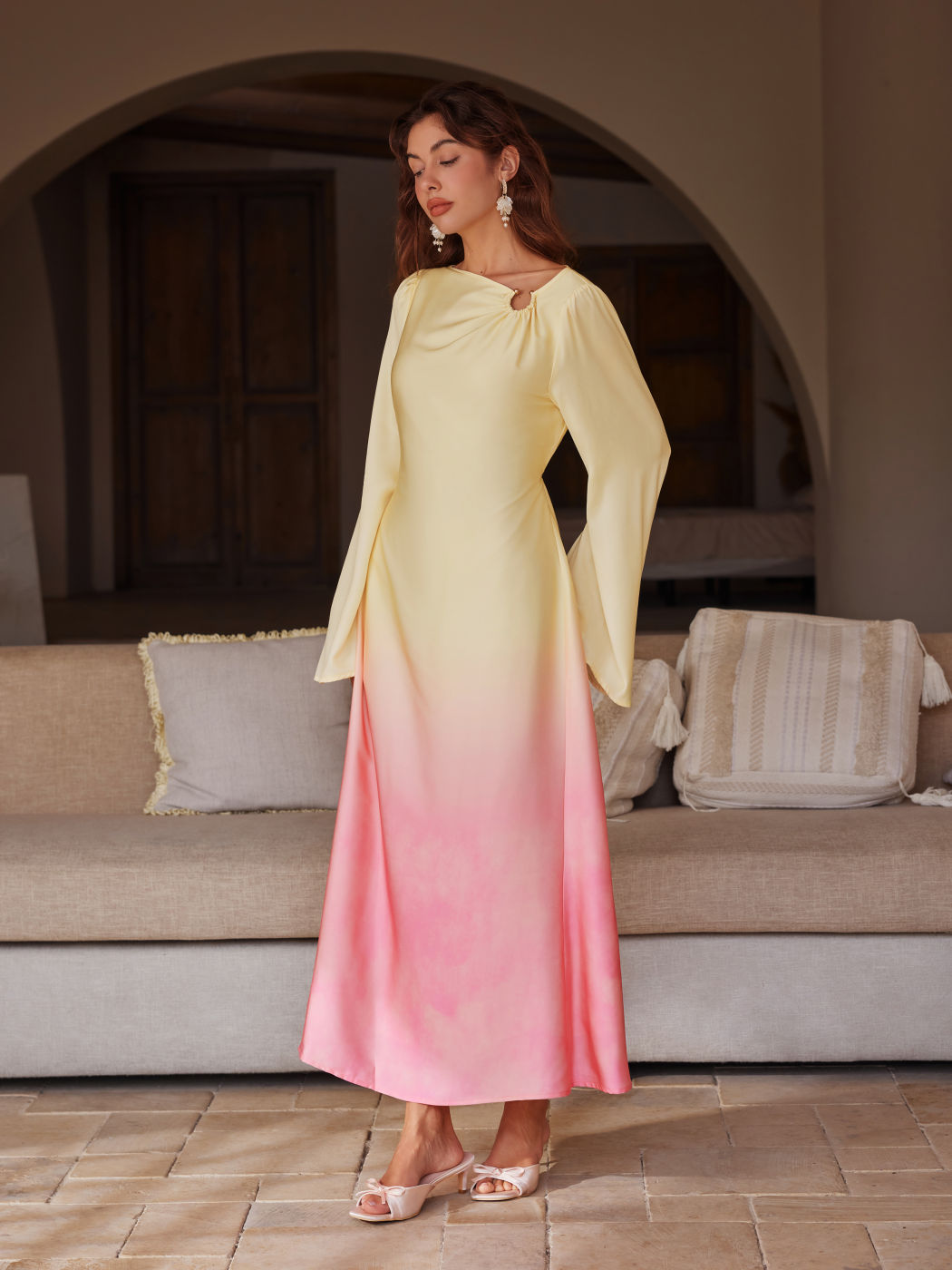 Satin Boat Neck Pierced Gradient Maxi Dress