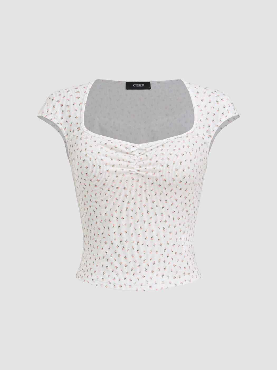 U-neckline Ditsy Floral Bowknot Tee