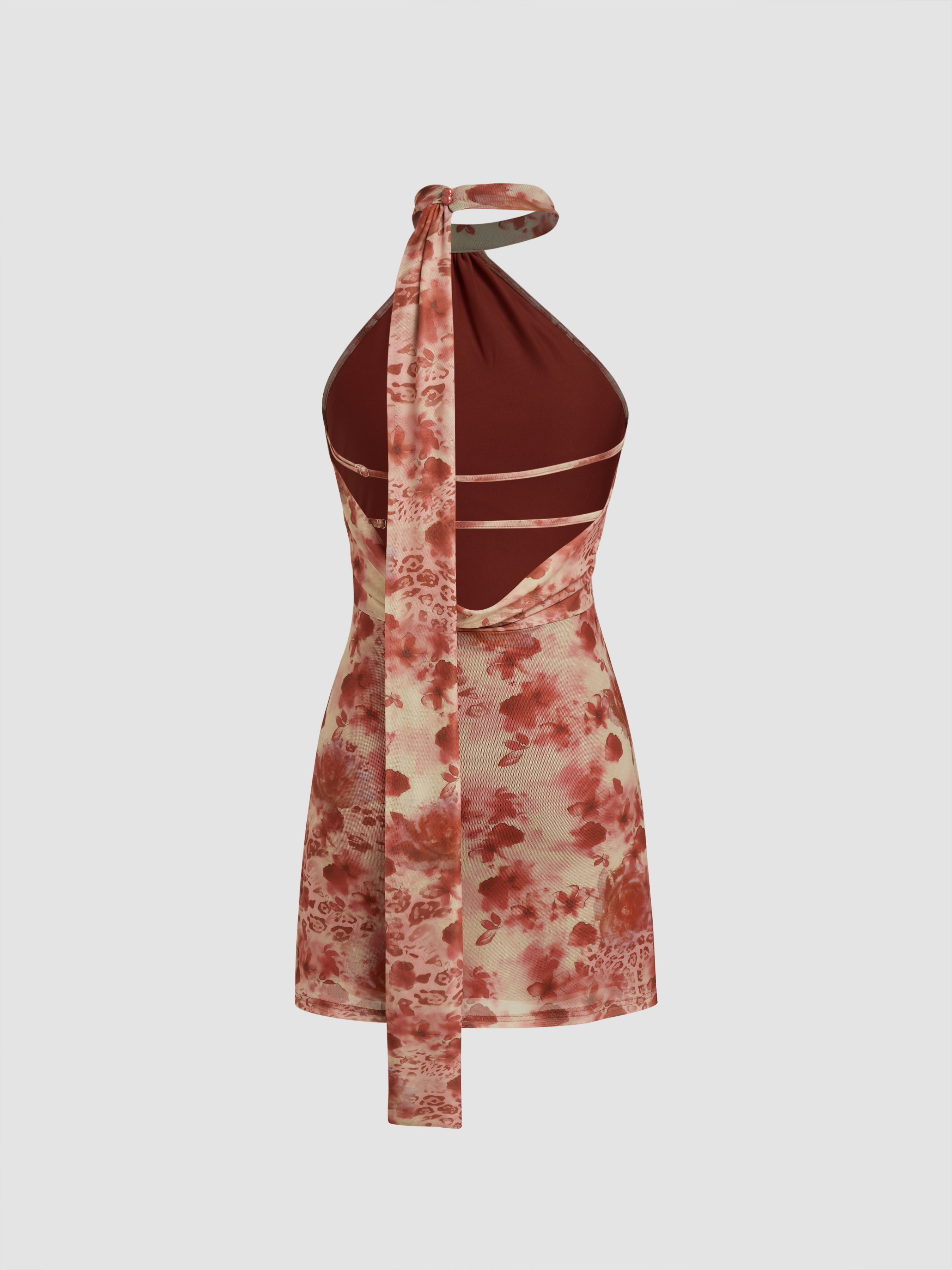 Mesh Halter Neckline Floral & Leopard Backless Mini Dress With Scarf