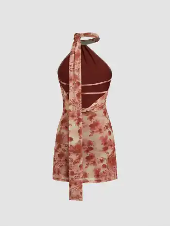 Mesh-Halter-Halslinie Blumen- & Leopard-Muster Rückenfreies Mini-Kleid mit Schal
