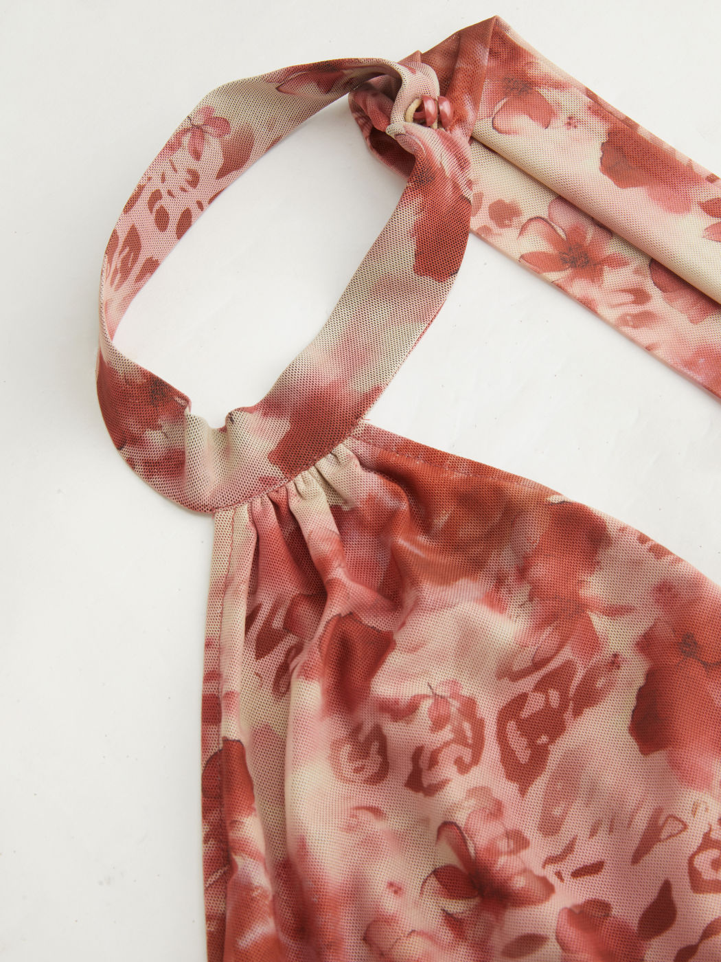 Mesh Halter Neckline Floral & Leopard Backless Mini Dress With Scarf