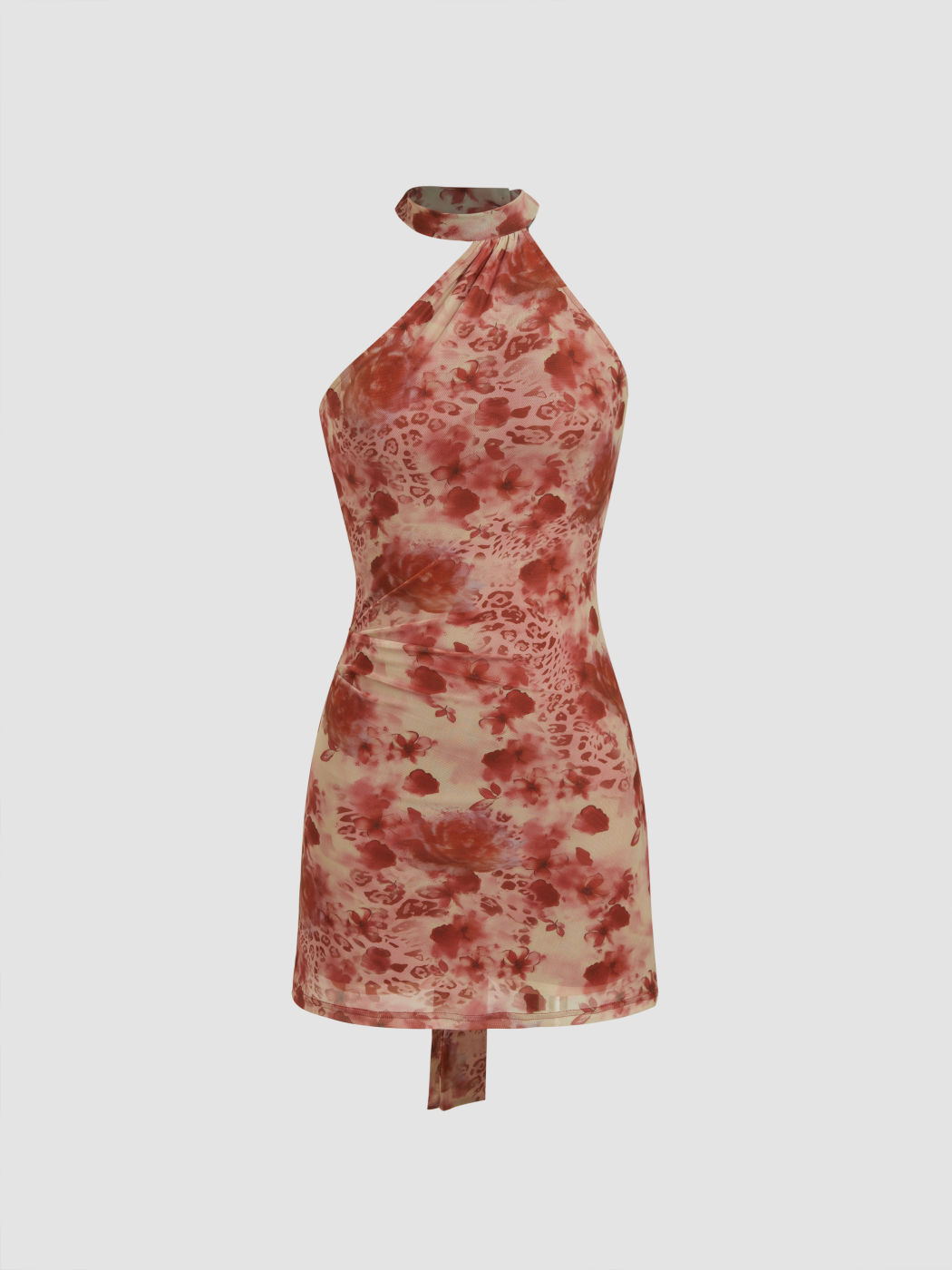 Mesh Halter Neckline Floral & Leopard Backless Mini Dress With Scarf