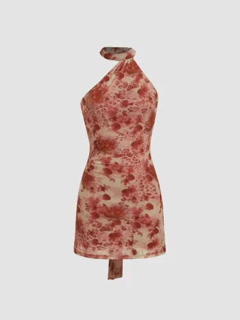Mesh-Halter-Halslinie Blumen- & Leopard-Muster Rückenfreies Mini-Kleid mit Schal