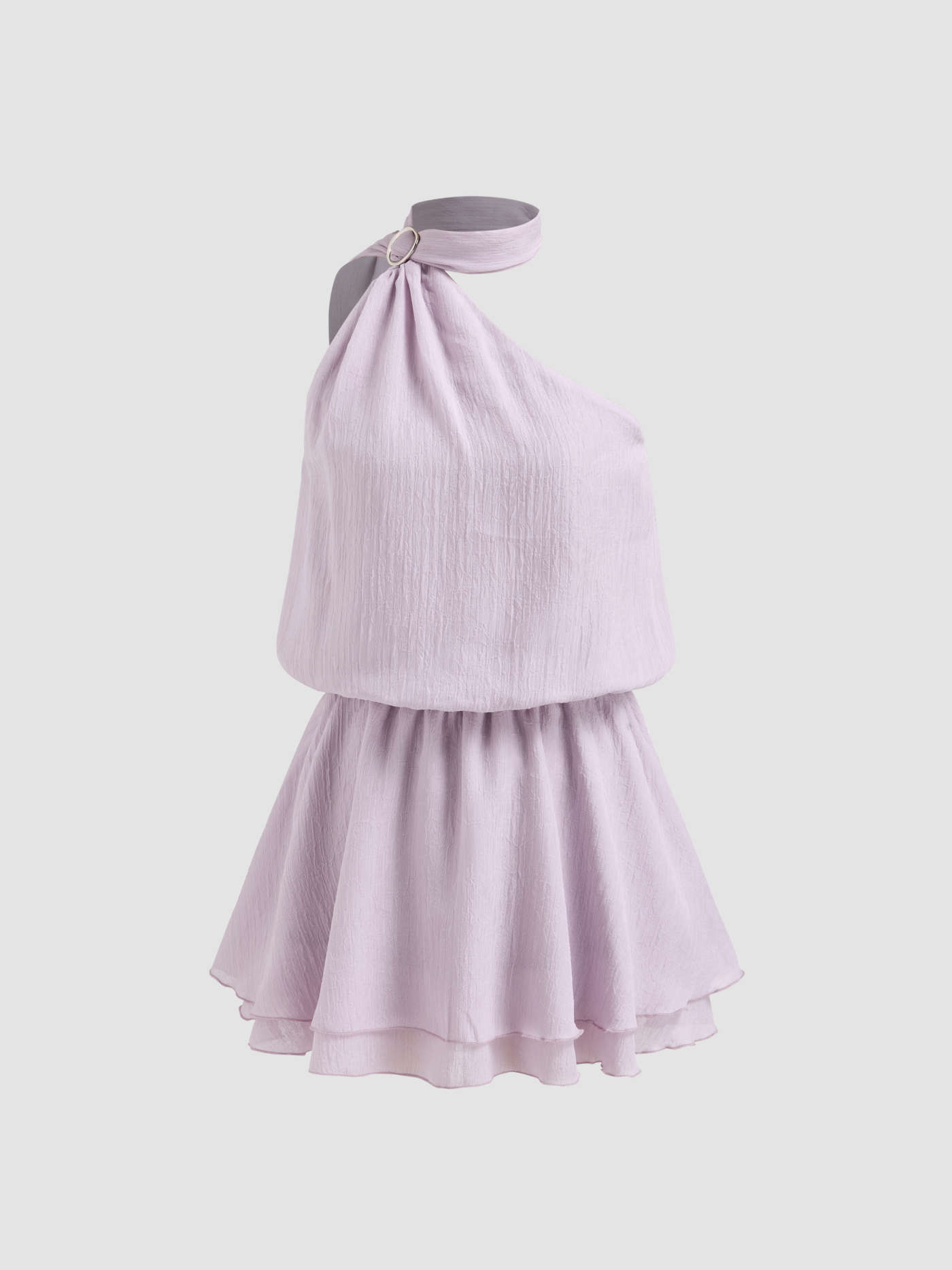 Asymmetrical Neck Mental Detail Belted Layered Mini Dress With Scarf