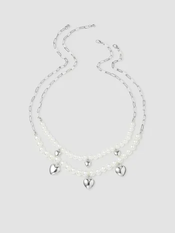 DOUBLE LAYERED HEART PENDANT & FAUX PEARL BEAD CHAIN ANKLET