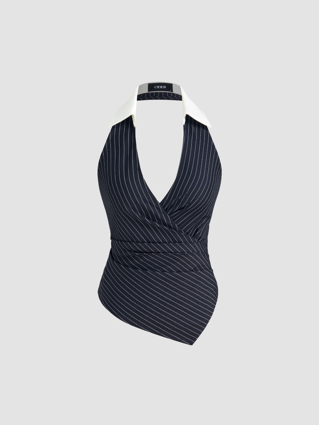 Polo Neck Stripe Ruched Shirred Asymmetrical Hem Top