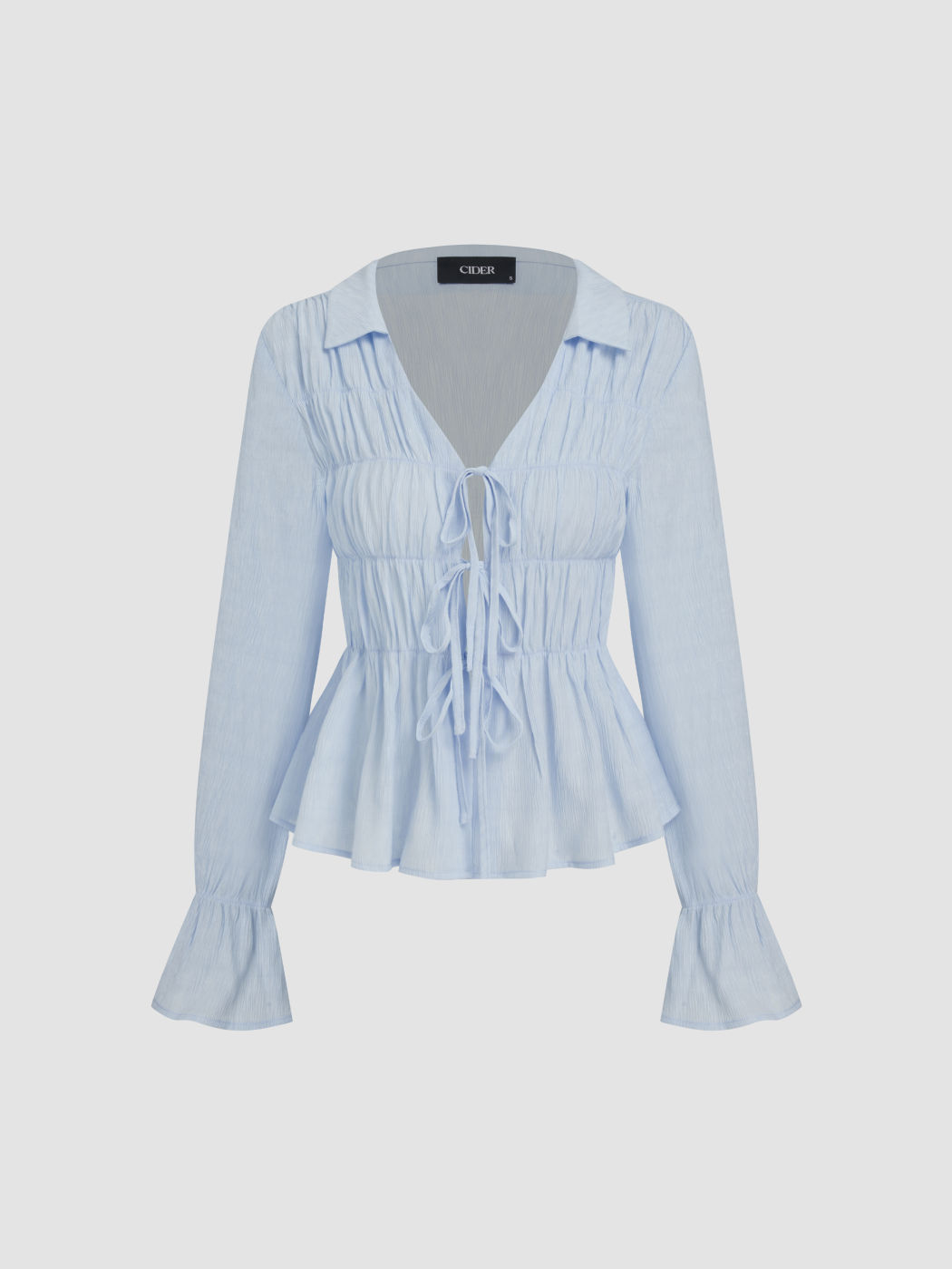 V-neck Tie Front Ruched Lantern Sleeve Blouse