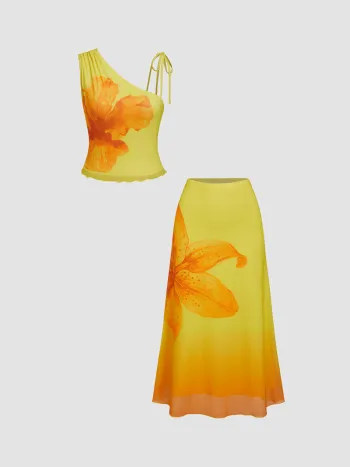 Mesh-Asymmetrischer Hals Floral Gebundener Oberteil & Mittelhohe Maxi-Skirt Set