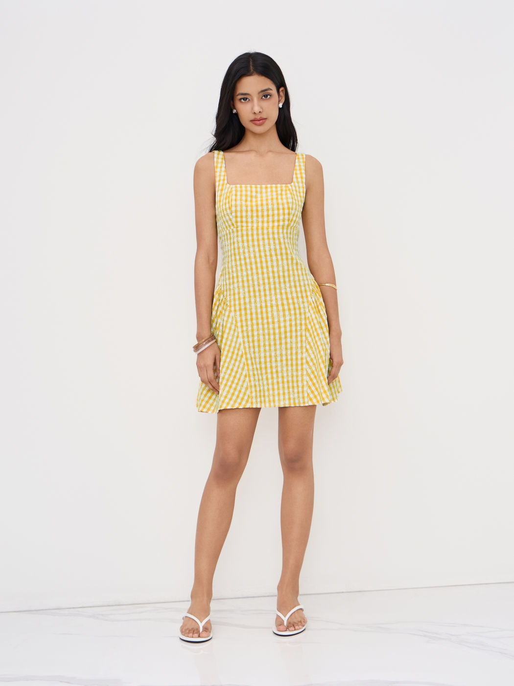 Cotton-blend Square Neck Gingham Bowknot Ruffle Mini Dress
