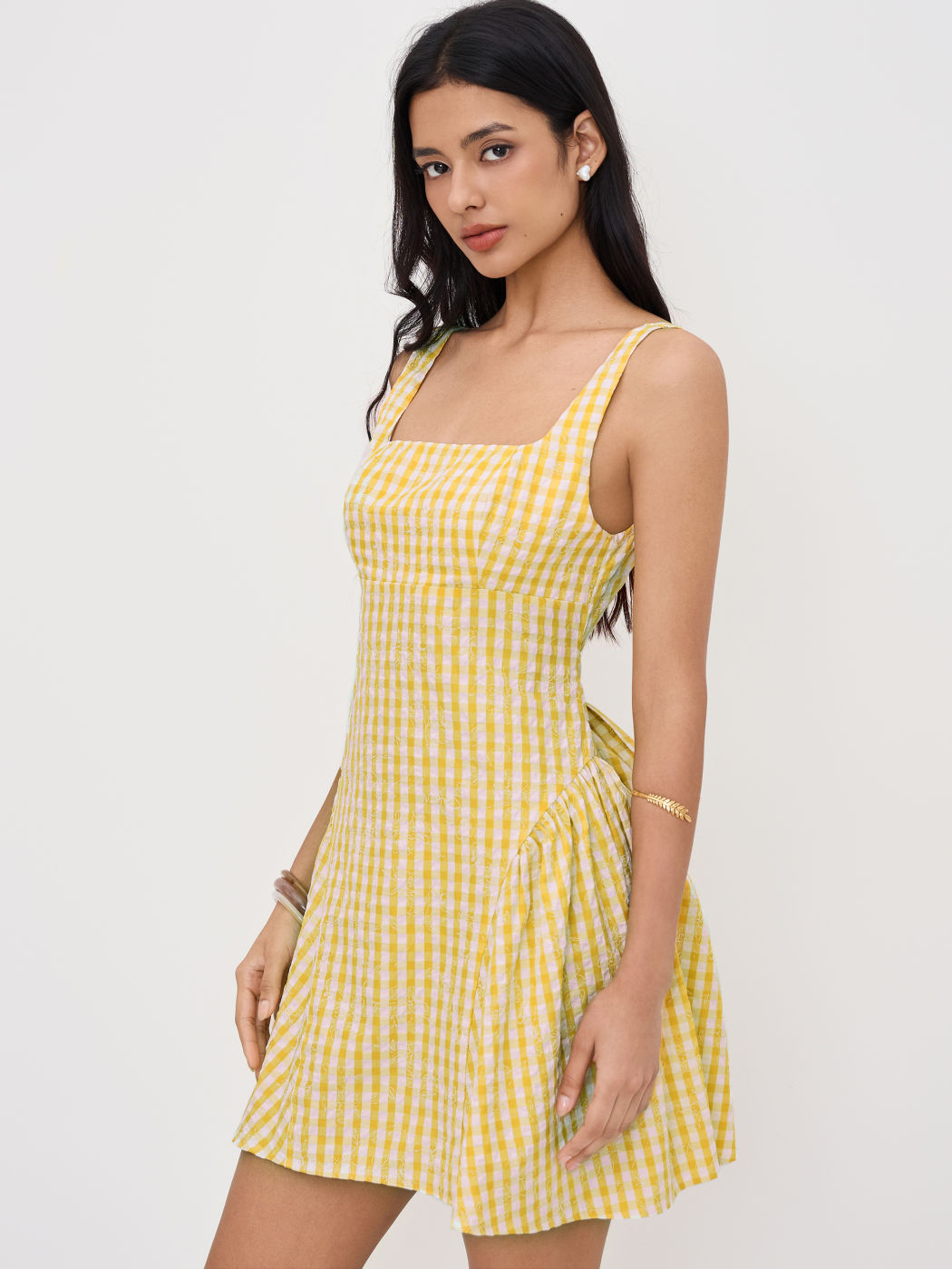 Cotton-blend Square Neck Gingham Bowknot Ruffle Mini Dress