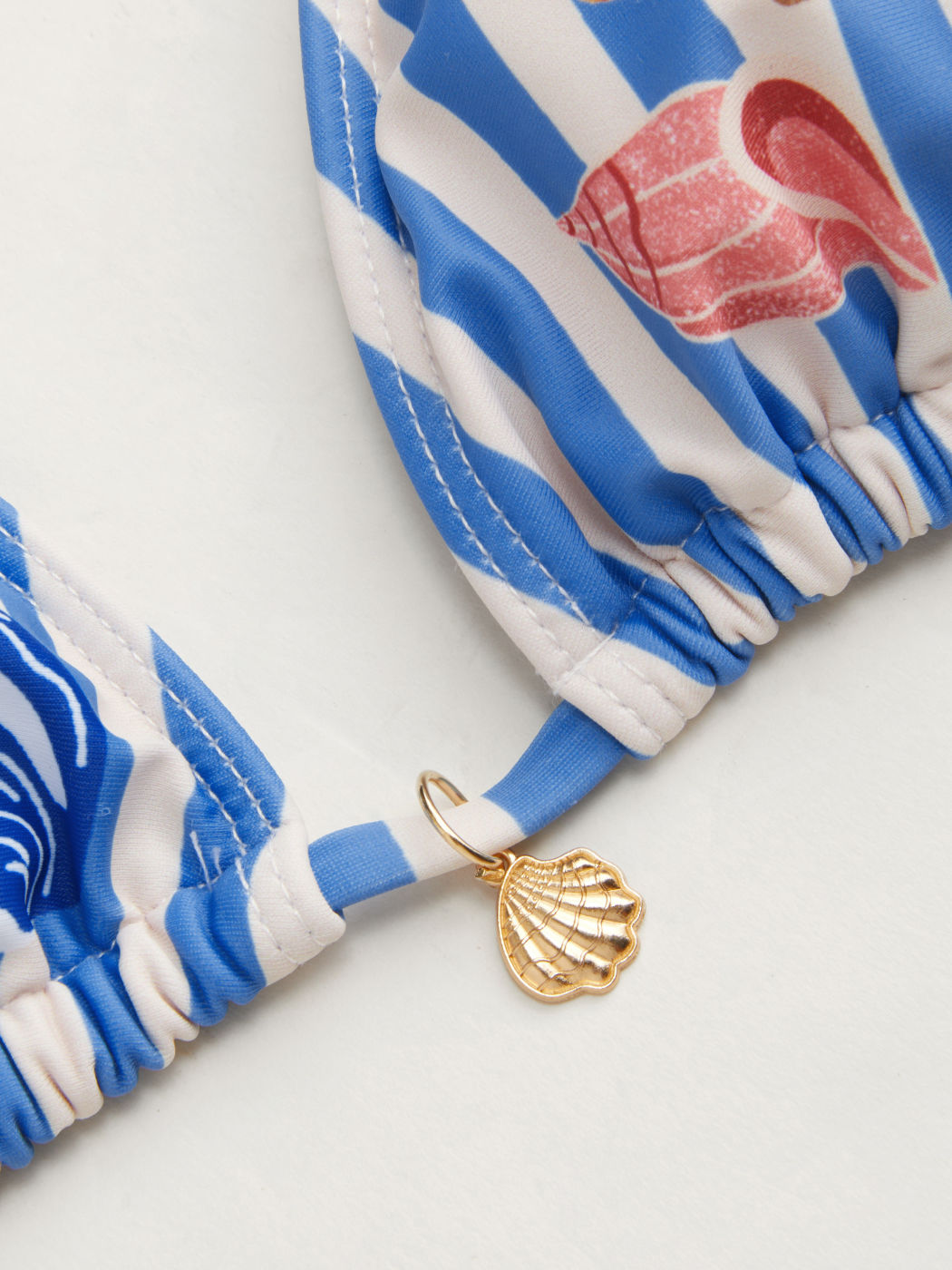 Halter Neckline Stripe Shell Detail Ruffle Triangle Cheeky Bikini Set