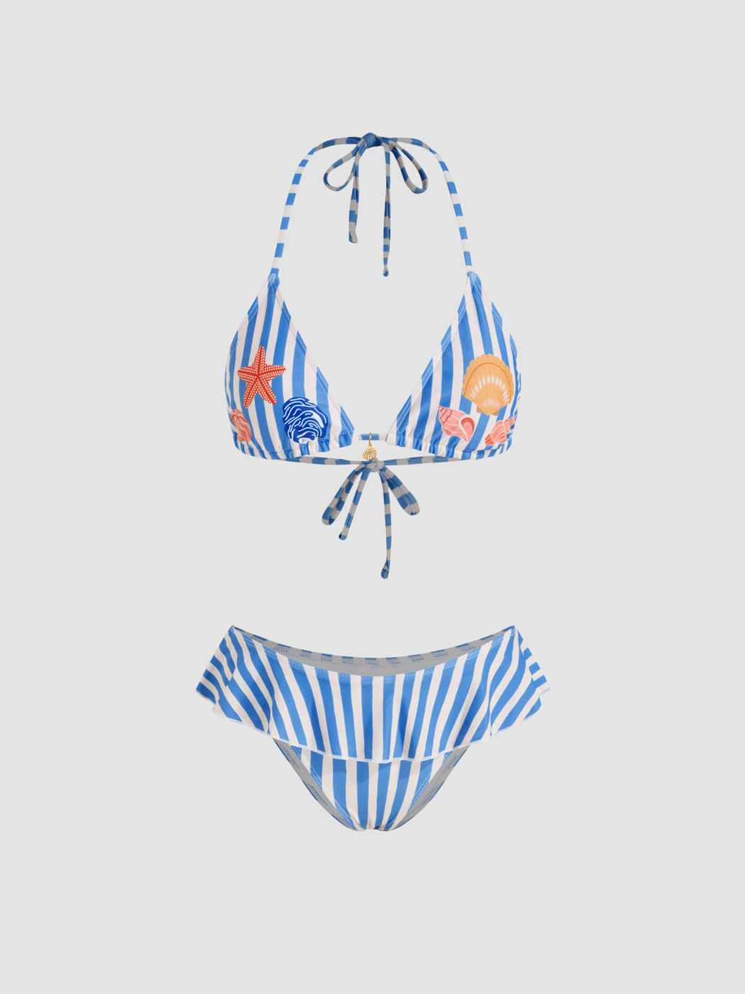 Halter Neckline Stripe Shell Detail Ruffle Triangle Cheeky Bikini Set