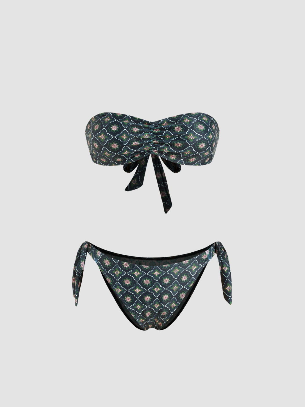 Adjustable Straps Halter Neckline Floral Knotted Bandeau Tie Side Bikini Set