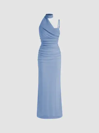 Mesh Halter Neckline Ruched Maxi Dress With Scarf