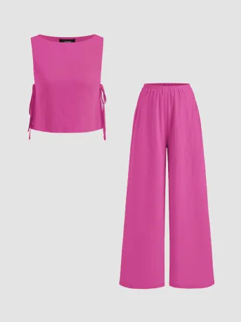 Cotton-blend Boat Neck Knotted Top With Shirred Straight Leg Trousers Set