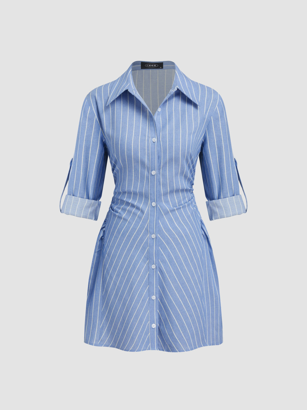 Cotton-blend Polo Neck Stripe Ruched Mini Dress