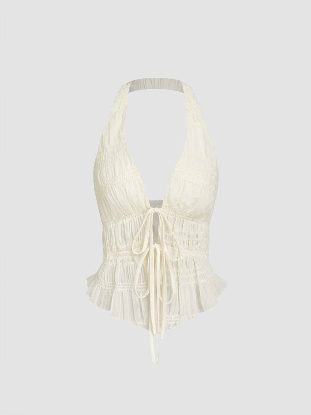 Halter Neckline Tie Front Shirred Ruched Blouse