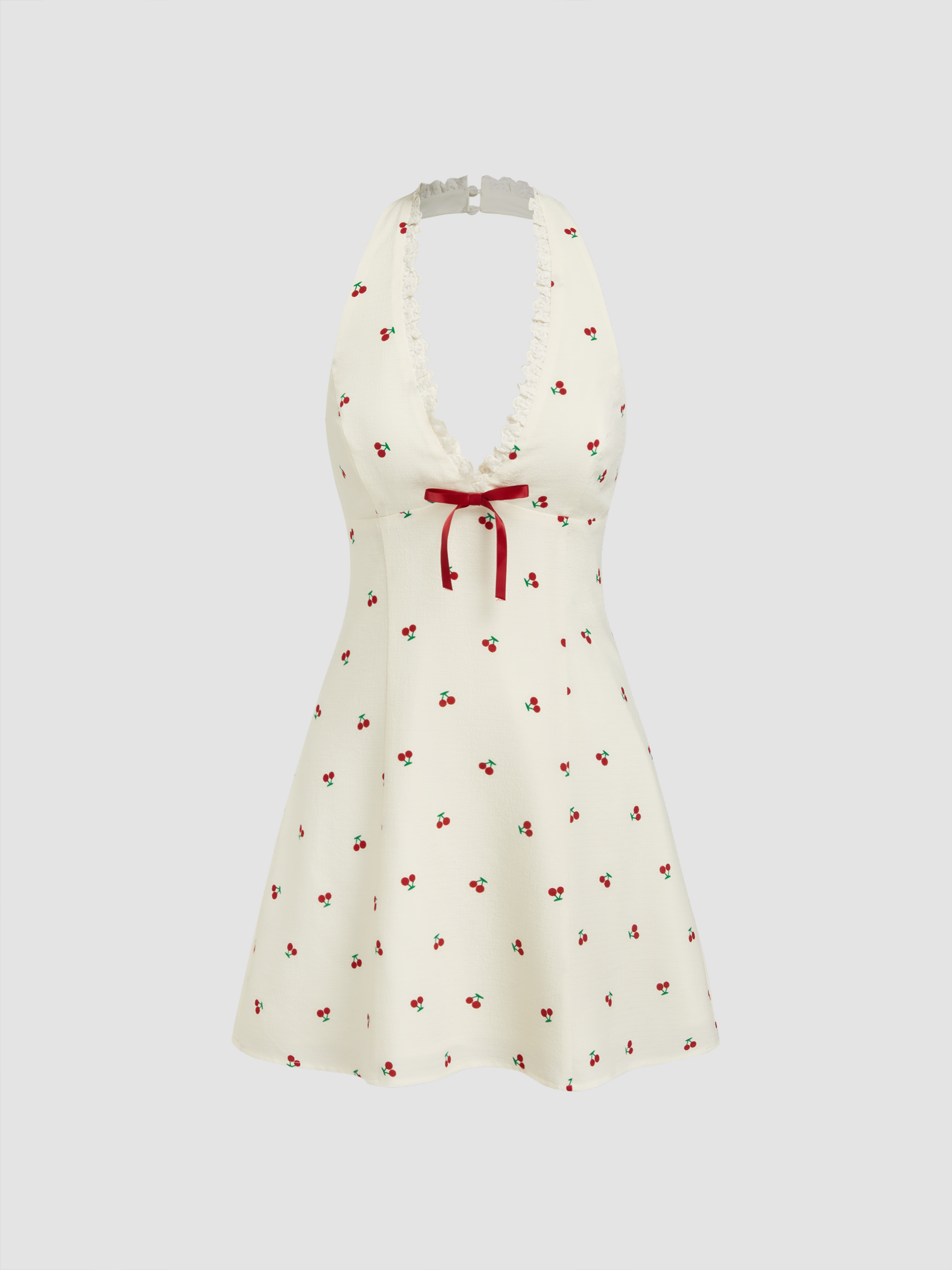 Halter Neckline Cherry Lettuce Trim Bowknot Mini Dress