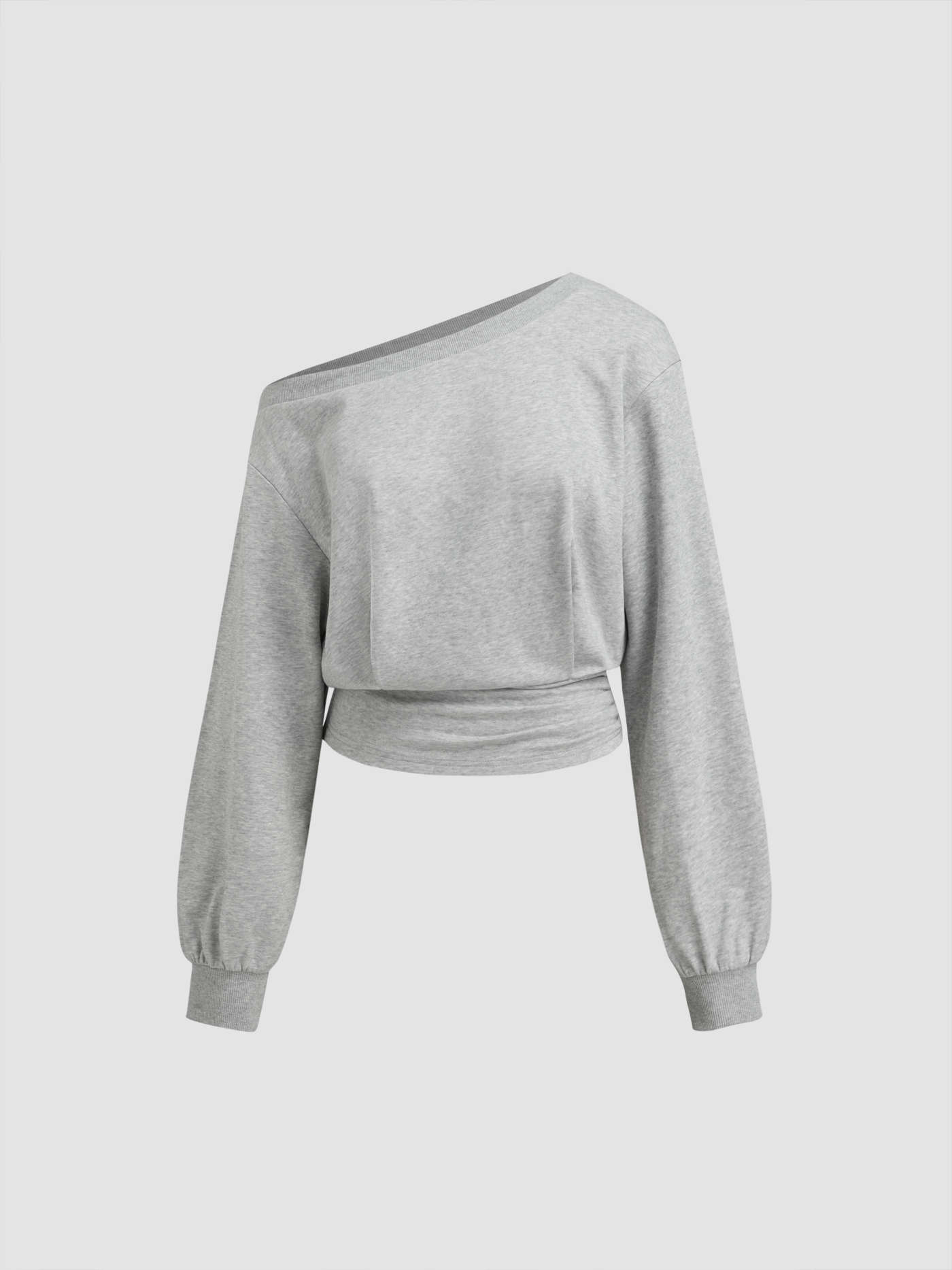 Cotton-blend Asymmetrical Neck Ruched Cinched Waist Sweatshirt