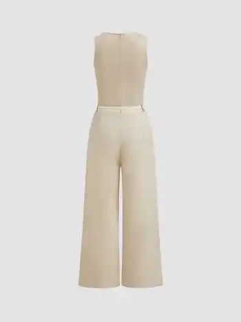 Gewebter Jumpsuit mit Bootshals, einfarbig und geriffelt, mit Gürtel