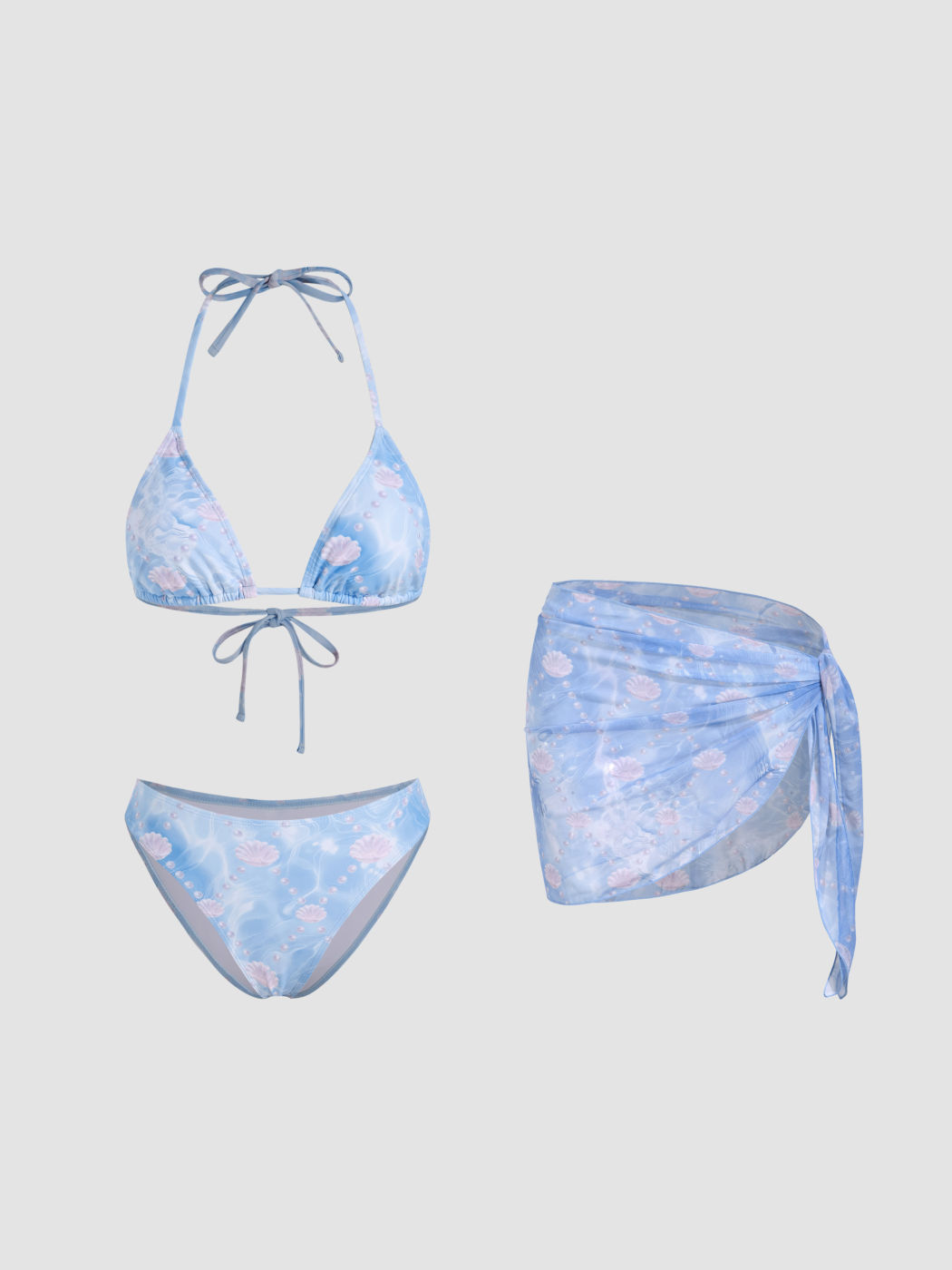 Halter Neckline Shell & Pearl Triangle Cheeky Bikini Set With Sarong