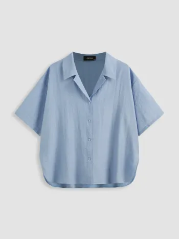 Linen-blend Collar Solid Short Sleeve Shirt Curve & Plus