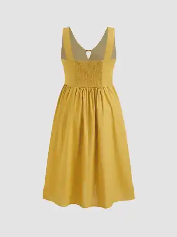 Linen-blend V-neck Beaded Cut Out Ruffle Midi Dress Curve & Plus