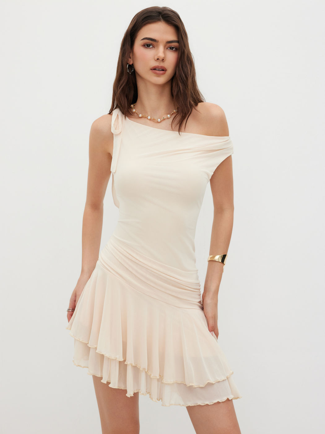 Mesh Asymmetrical Neck Ruched Layered Lettuce Trim Ruffle Hem Mini Dress