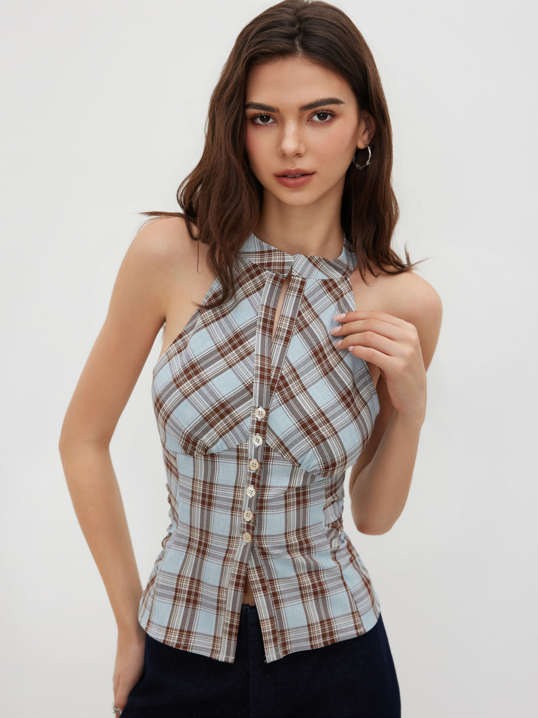Stand Collar Plaid Ruched Split Top