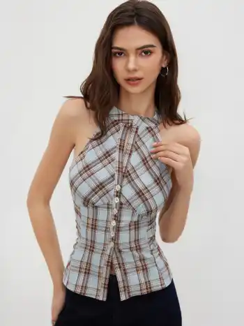 Stand Collar Plaid Ruched Split Top