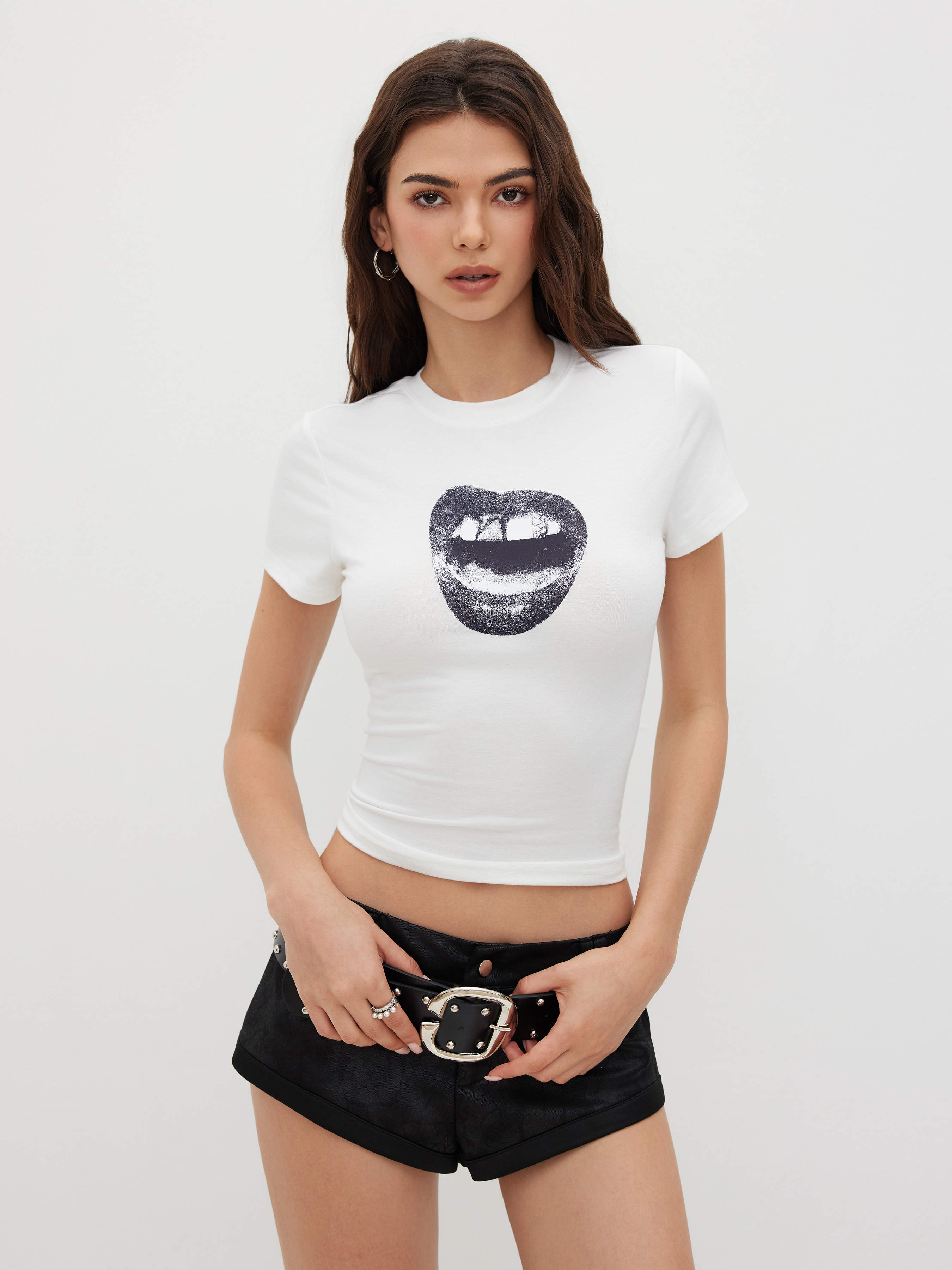 ジャージー ラウンドネック口グラフィック半袖Tシャツ