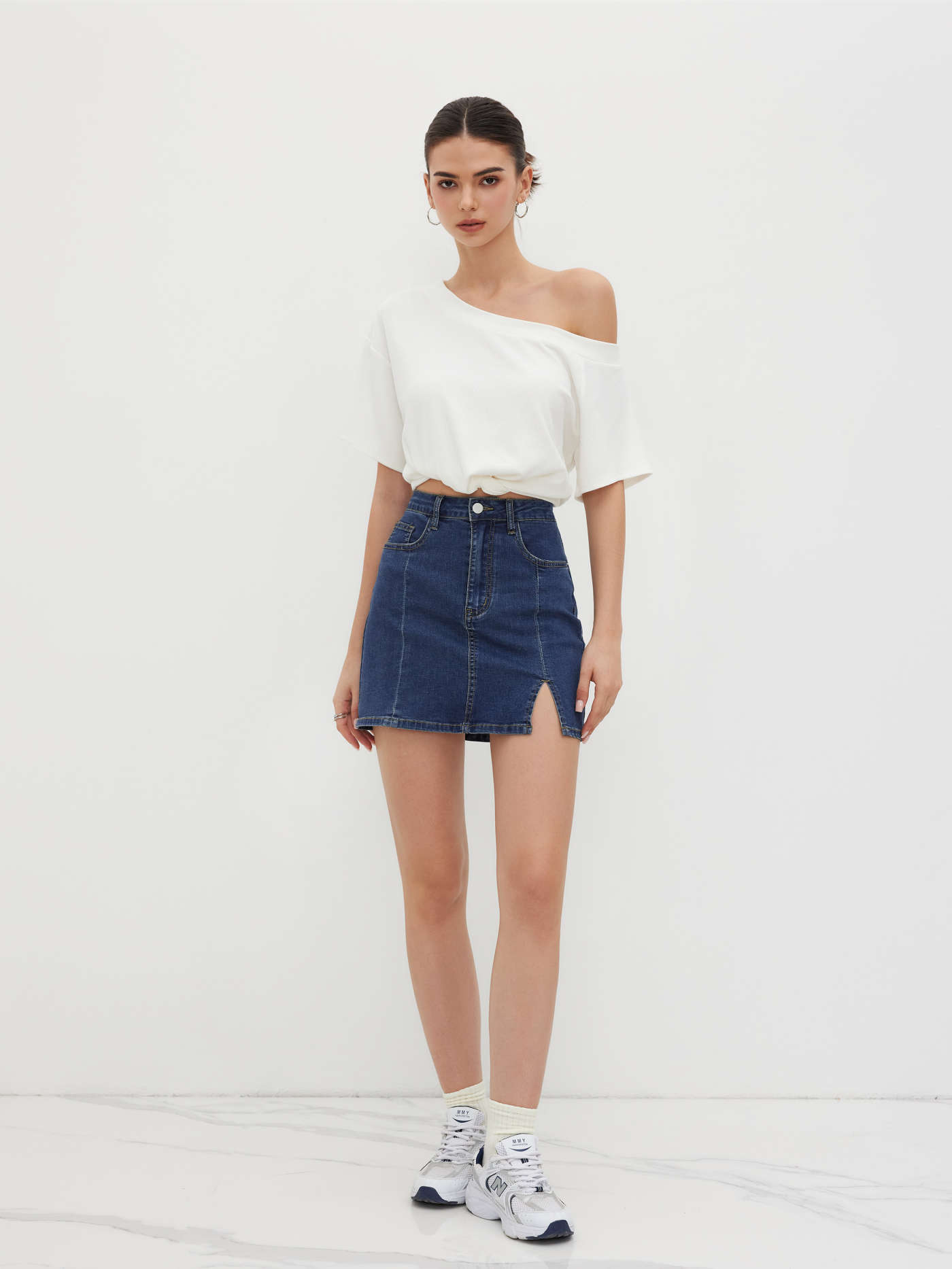 Western Outfits Denim Denim Solid High Waist Split Mini Skirt For School Daily Casual