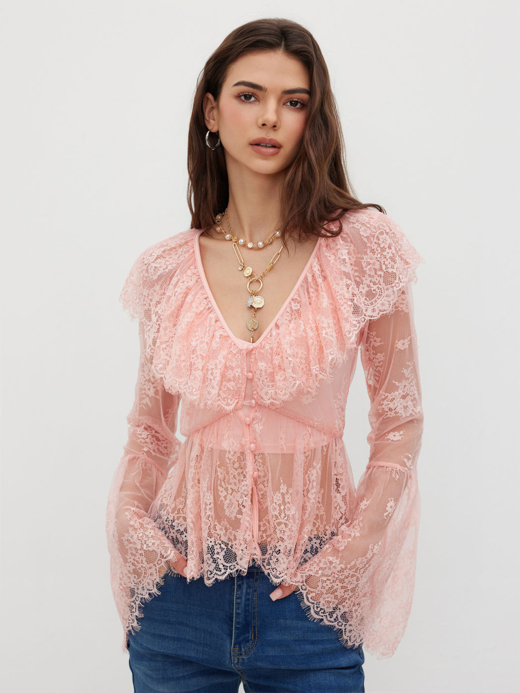 Two Pieces Lace Ruffle Hem Blouse With V-neck Cami Top