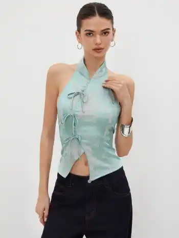 Jacquard-Mandarin-Kragen-Blumen-Bowschleife-Tank-Top