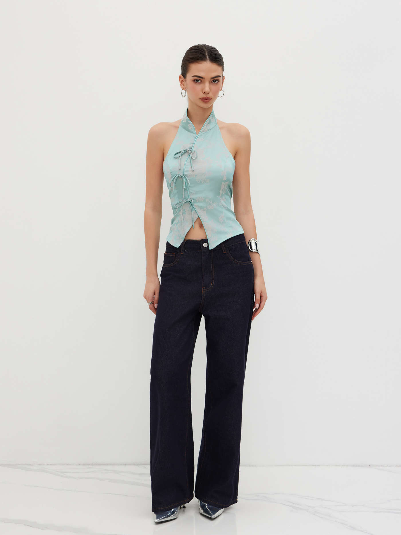 Jacquard Halter Neckline Floral Bowknot Tank Top